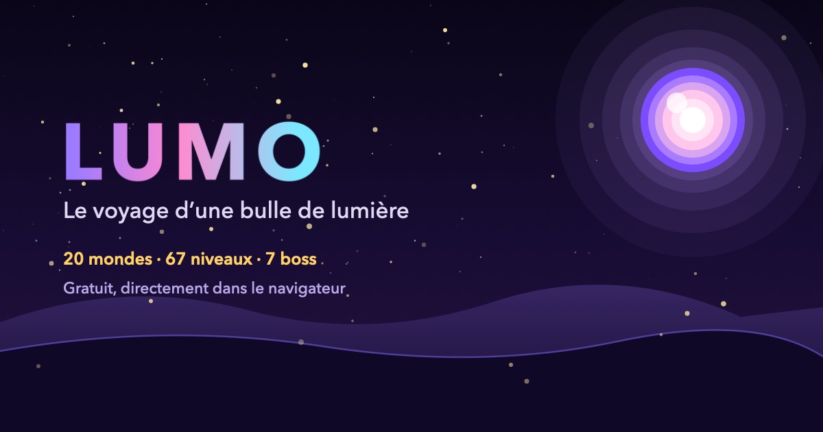 LUMO — Le Voyage : une bulle de lumière dans un ciel étoilé au-dessus de collines violettes